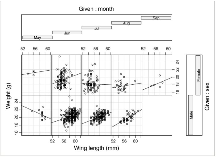 Ví dụ về việc kiểm tra Interactions bằng scatterplot. Mối quan hệ giữa cân nặng và chiều dài cánh có thể khác nhau giữa các tháng và giới (Hình 11 trong Zuur et al., 2010)
