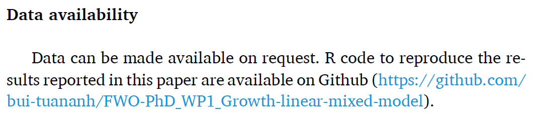 Ví dụ về thông tin code R được ghi chú ở mục Data availability từ một nghiên cứu của nhóm mình